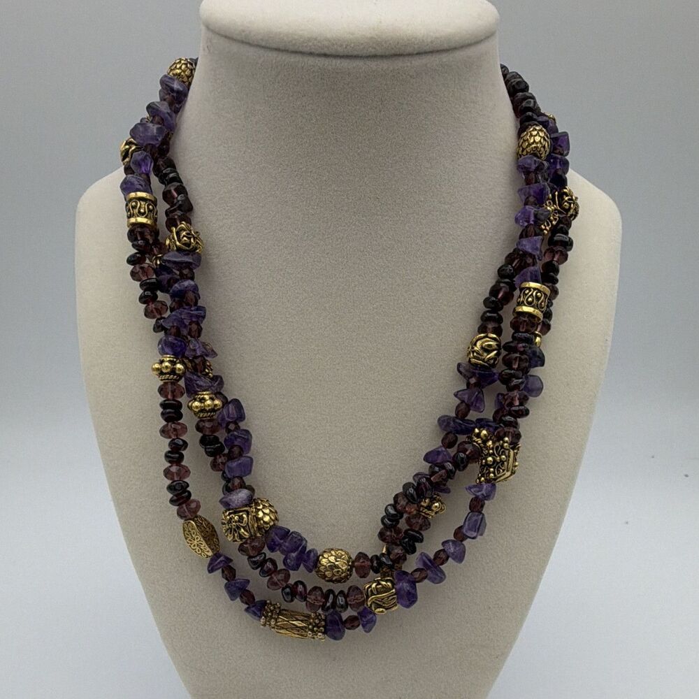 Multi-Strand Layered Beaded Necklace Amethyst Garnet Purple Gold 18” Hook